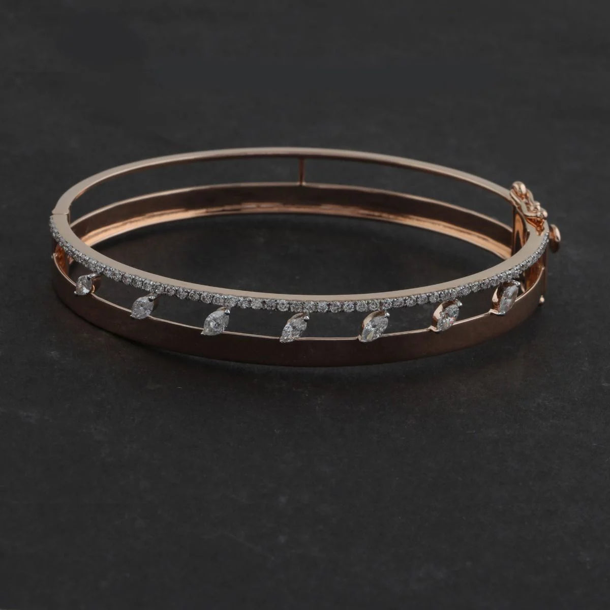 1.3 TCW Solid 18 Kt Rose Gold SI Clarity HI Color Diamond Designer Bangle/Bracelet
