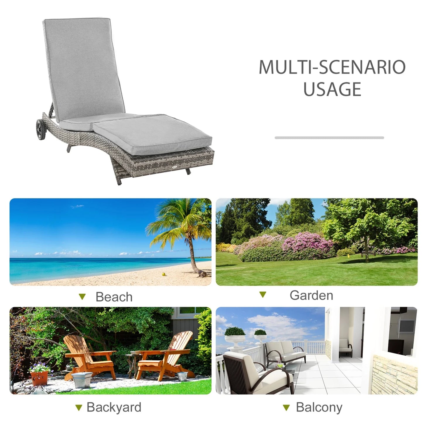 ZJbiubiuHome Chaise Lounge Pool Chair  Outdoor PE Rattan Cushioned Patio Sun Lounger w/ 5-Level Adjustable Backrest & Wheels for Easy Movement  Wicker  Mixed Gray