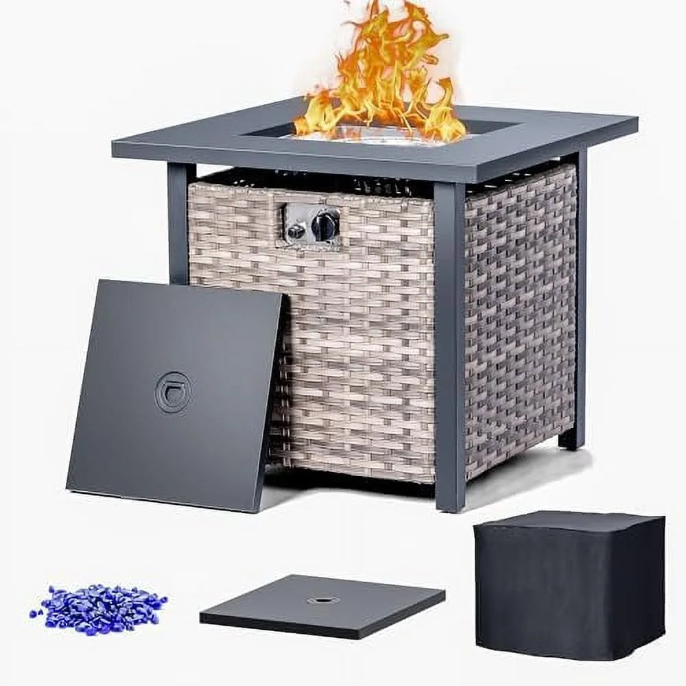 ZWNLKQG Outdoor Propane Fire Pit Table 28Inch 50 000 BTU Auto-Ignition Wicker Rattan Gas Fire Pit Table with Lid Glass Beads Waterproof Cover Steel Tabletop Perfect for Garden Patio Backy