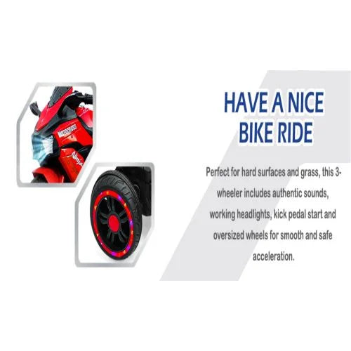 12V Battery Motorcycle, 3 Wheel Motorcycle, Kids Rechargeable Riding Motorized Car - Red