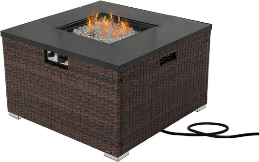 YPDCHB Propane Patio Fire Pit Table  Lava Rocks and Rain Cover for Outdoor Leisure Party 40 000 BTU  Tank Outside  32-inch Square Dark Brown Wicker Fire Table