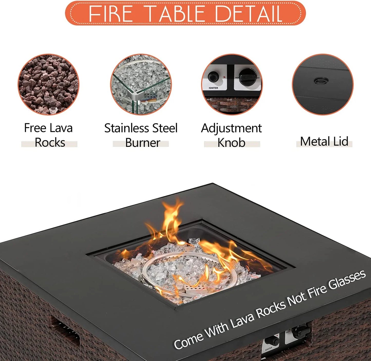 ZWNLKQG Propane Patio Fire Pit Table  Lava Rocks and Rain Cover for Outdoor Leisure Party 40 000 BTU  Tank Outside  32-inch Square Dark Brown Wicker Fire Table