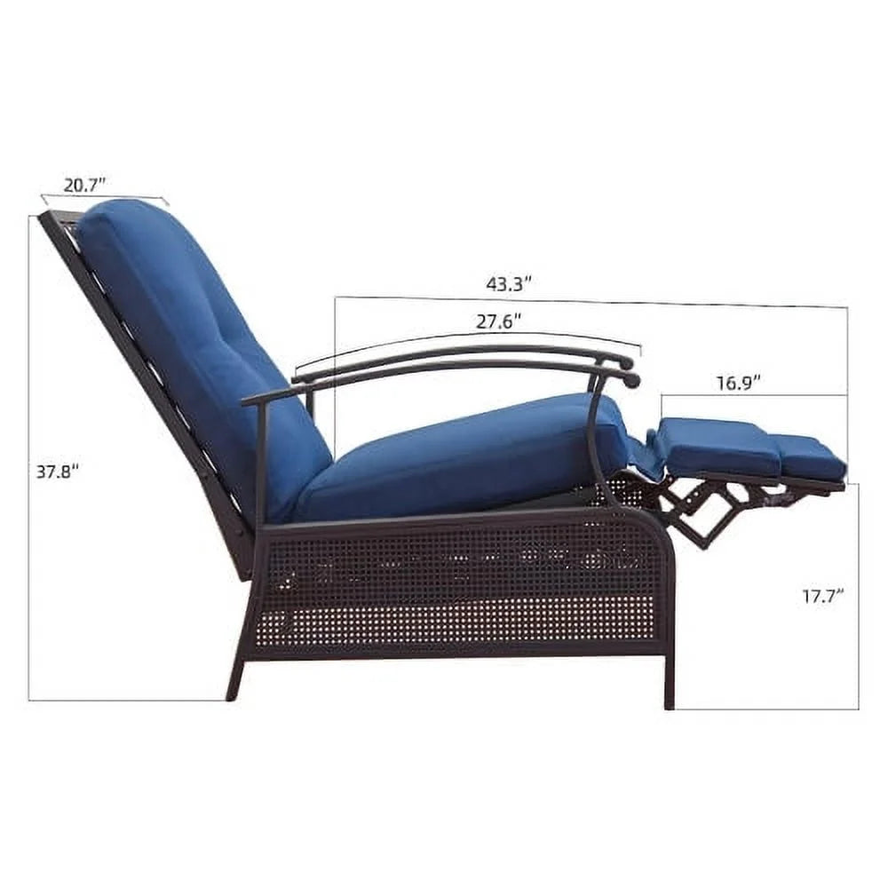 ZJbiubiuHome Patio Recliner Chair with Cushions Outdoor Adjustable Lounge Chair Reclining Patio Chairs with Strong Extendable Metal Frame for Reading Garden Lawn (Blue  1 Chair)