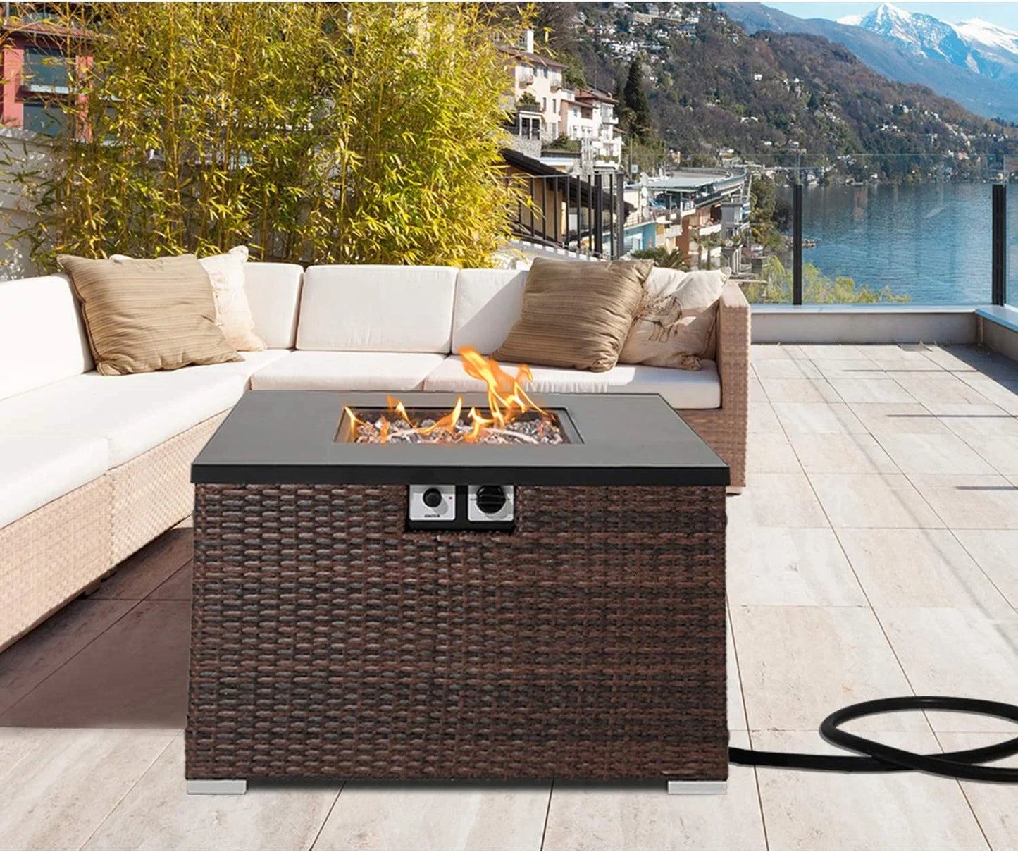 ZWNLKQG Propane Patio Fire Pit Table  Lava Rocks and Rain Cover for Outdoor Leisure Party 40 000 BTU  Tank Outside  32-inch Square Dark Brown Wicker Fire Table