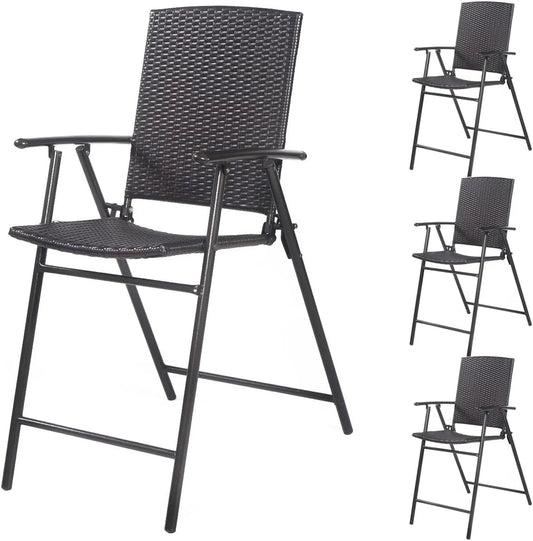 YZboomLife Folding Wicker Rattan  Chairs Set of 4  Patio Tall Stool with Back  Steel Frame  Armrests and Footrest  Chairs for Garden Patio  Set