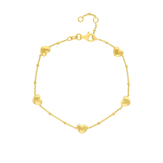 14K Yellow Gold 7.25" Adj. Puffed Heart Stations Saturn Chain Bracelet - Women