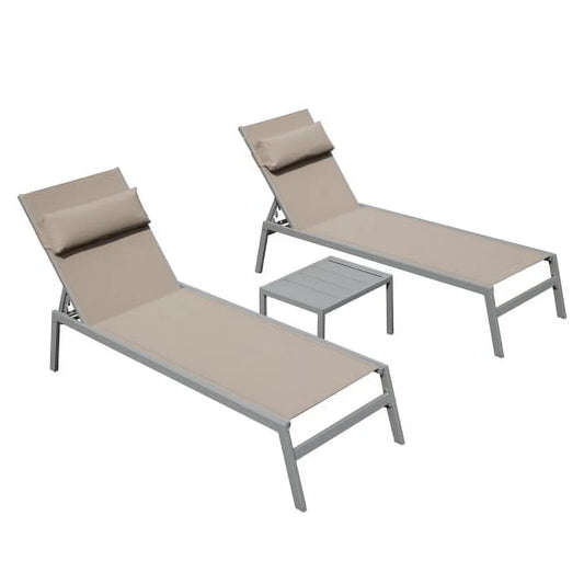 ZJbiubiuHome Patio Chaise Lounge Set of 3  Aluminum Pool Lounge Chairs with   Outdoor Adjustable Recliner All Weather for Poolside  Beach  Yard  Balcony (Khaki)
