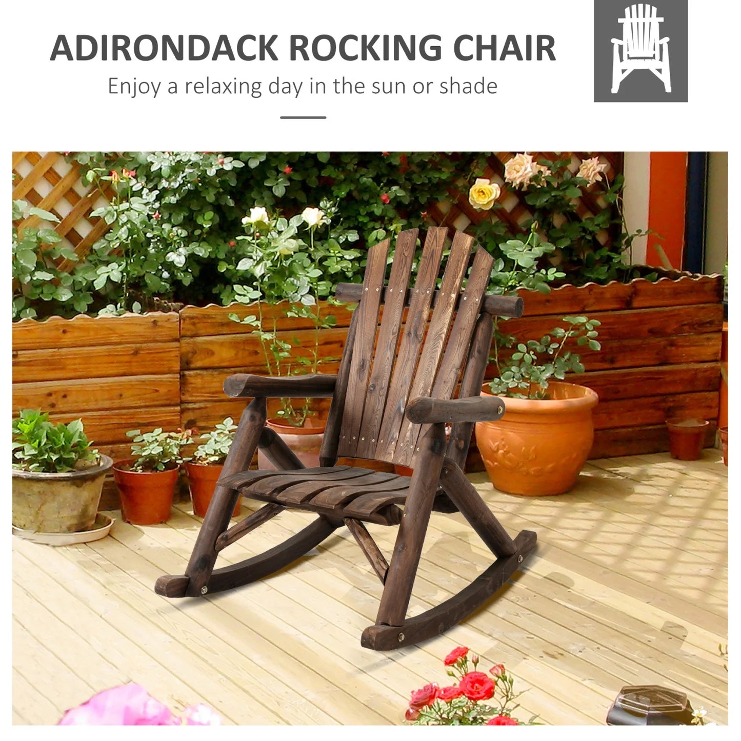 ZJbiubiuHome Outdoor Wooden Rocking Chair  Single-person Adirondack Rocking Patio Chair with Rustic High Back  Slatted Seat and Backrest for Indoor  Backyard  Garden  Carbonized
