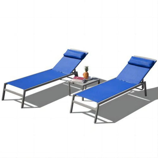 YLtoohoom Patio Chaise Lounge Set  3 Pieces Adjustable Aluminum Backrest Pool Lounge Chairs Textilene Sunbathing Recliner with Headrest (Blue 2 Lounge Chairs+1 Table)