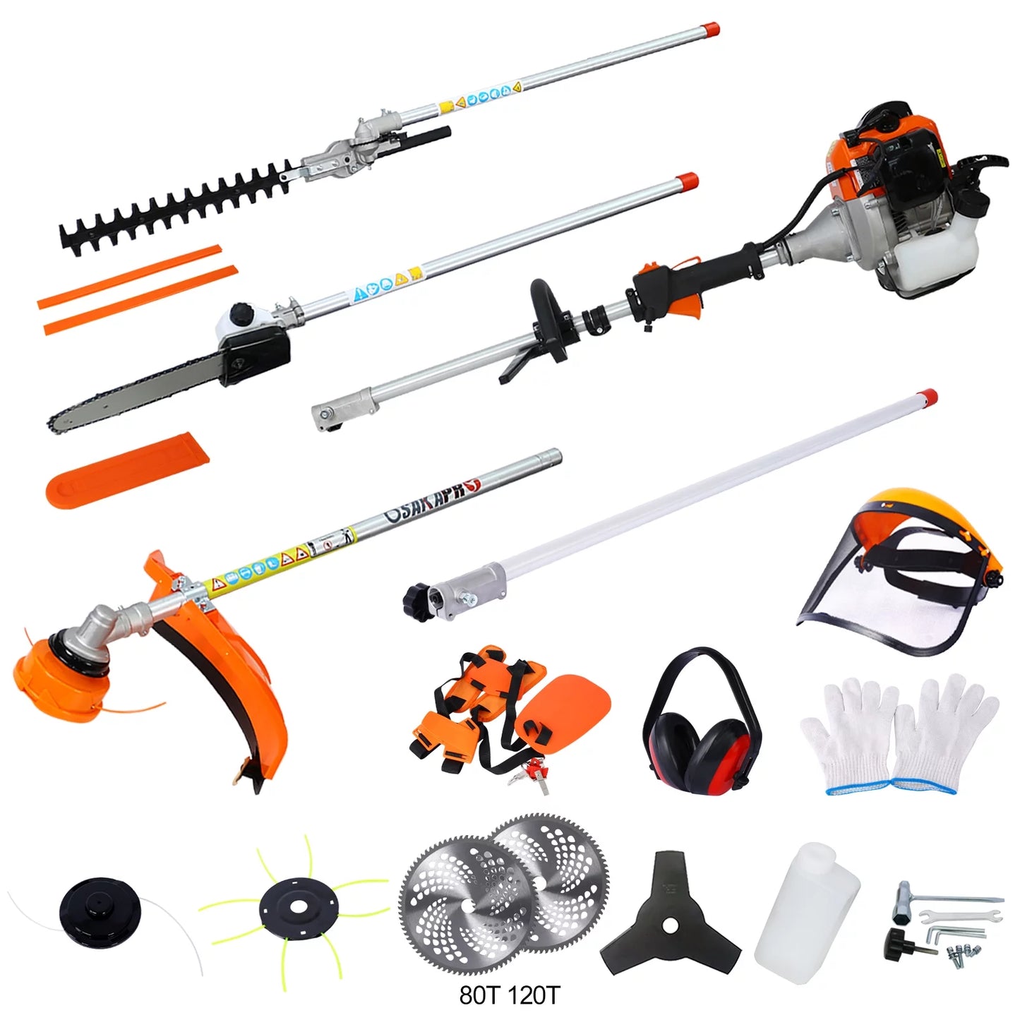 12 in 1 Multi-Functional Trimming Tool, 52CC 2-Cycle Garden Tool System with Gas Pole Saw, Hedge Trimmer, Grass Trimmer, and Brush Cutter EPA Compliant